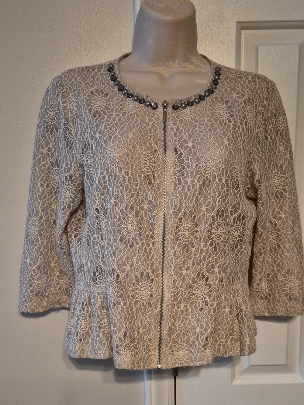 Ruby Rd. Cream Lace Sweater Jacket with Rhinestone Trim